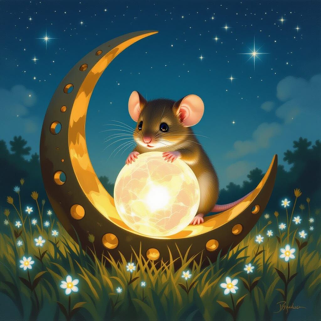 Baby Mouse on Crystal Orb in Earthy Oil Painting Style