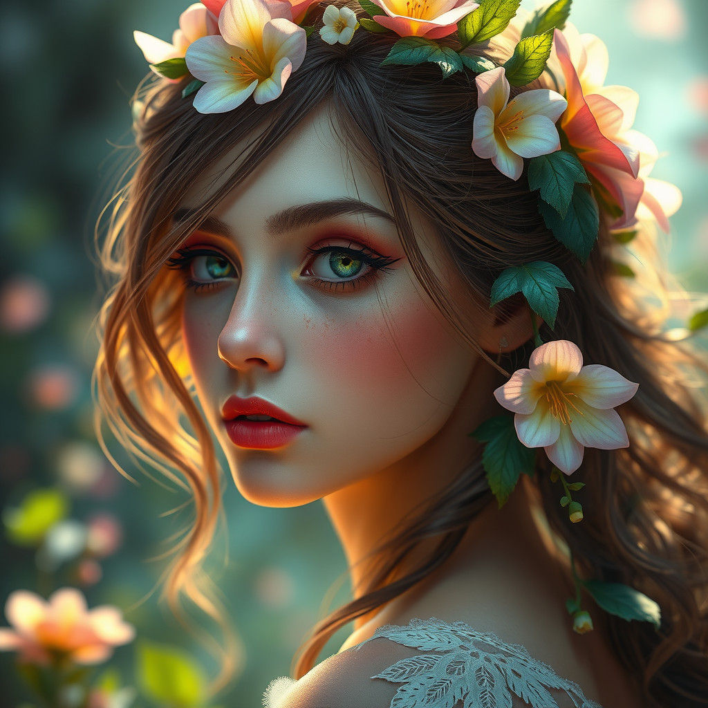 Ethereal Flower Girl Portrait in Art Nouveau Style