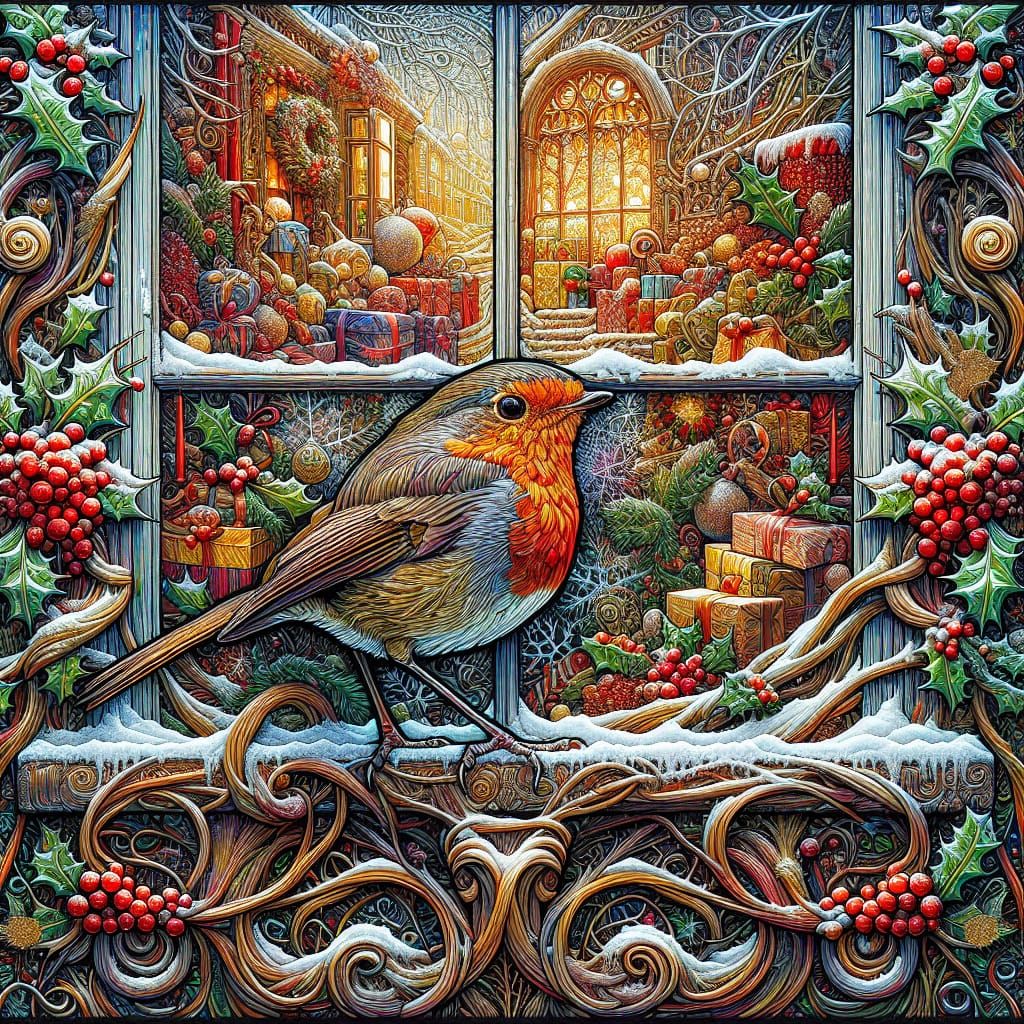 Festive Robin on Christmas Window Ledge