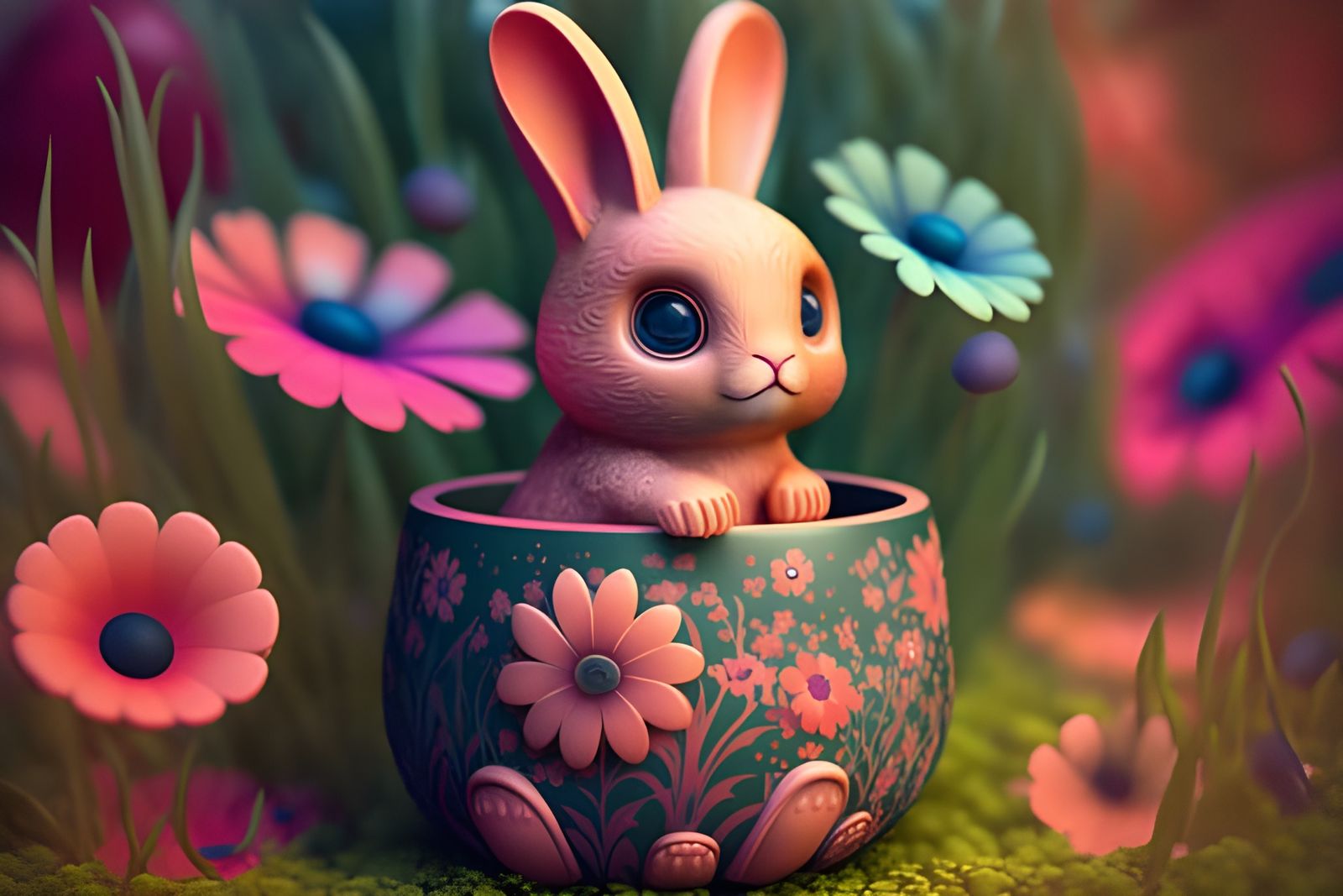 Pink Bunny in Teacup: A Whimsical Scene