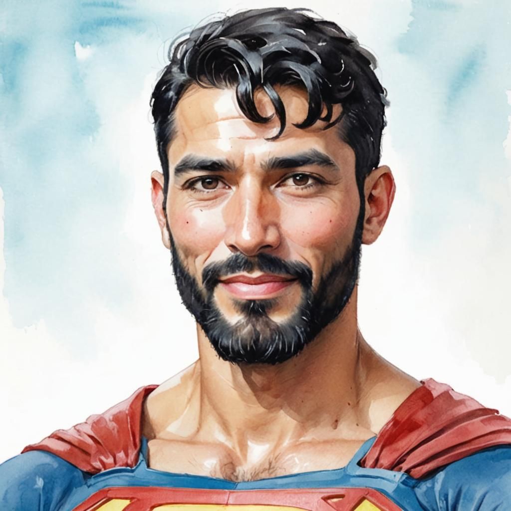 Superman Portrait with Black Beard in Gouache Style