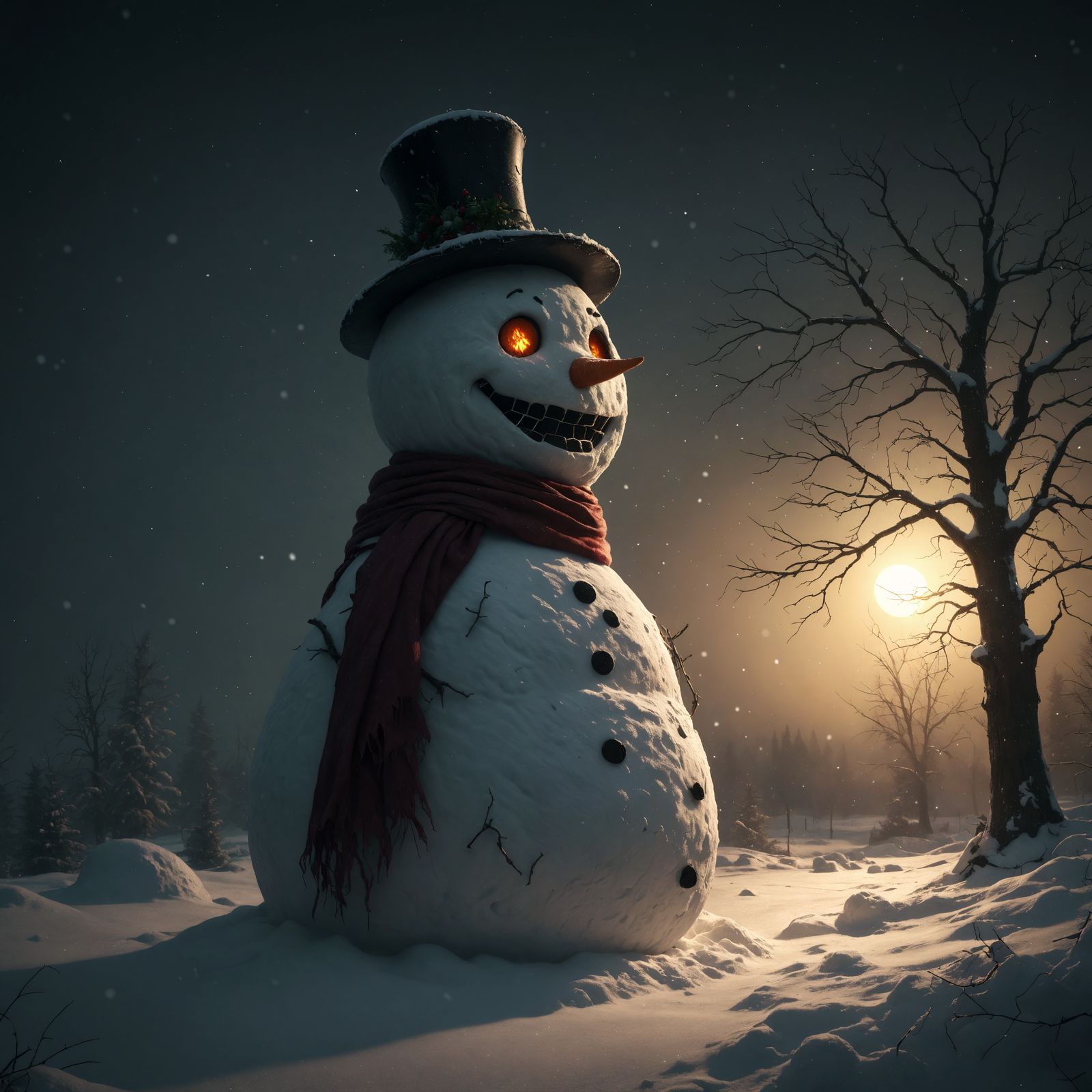 Ominous Snowman Silhouette in Dark Surrealist Winter Scene