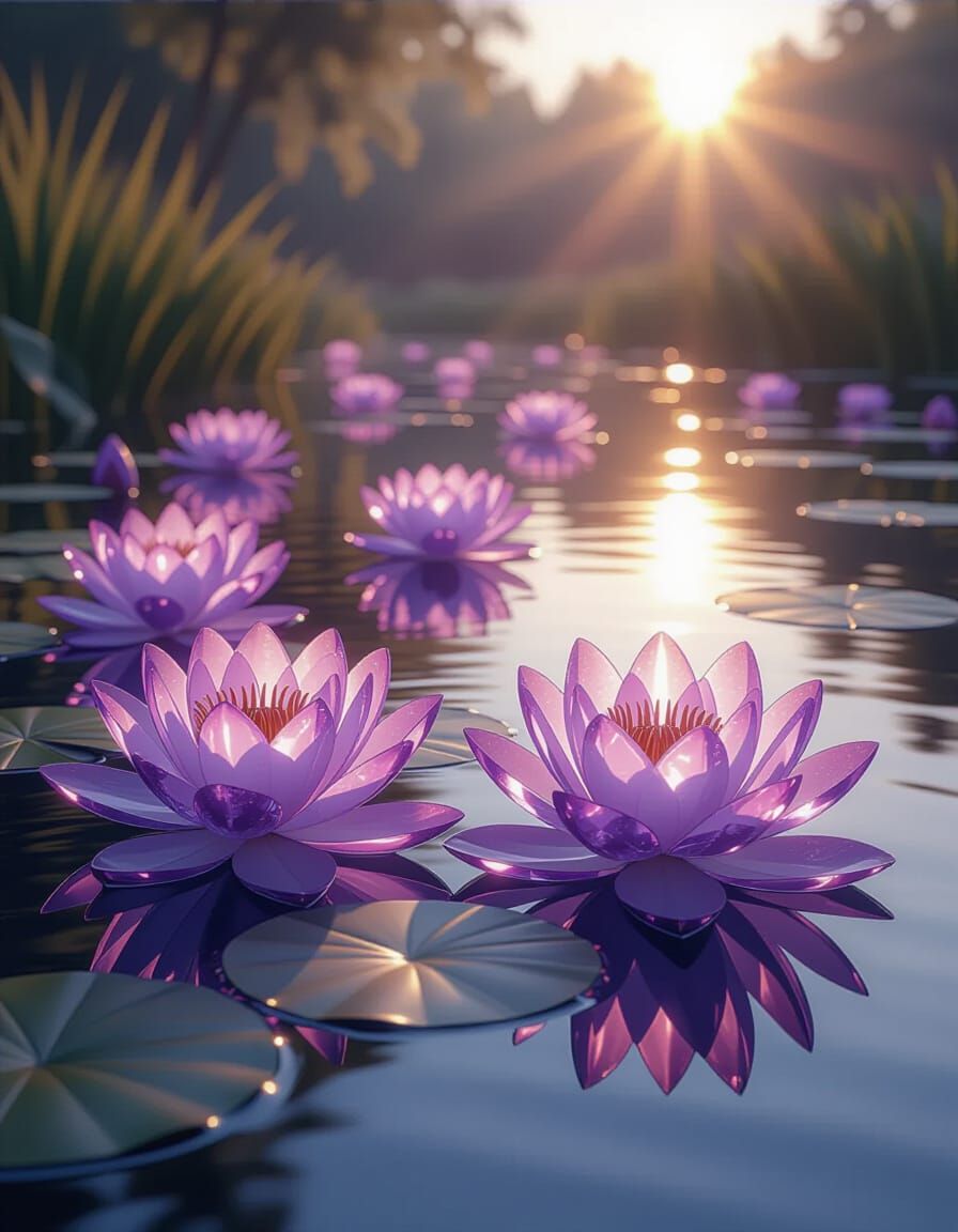 Crystal Lotus Flowers on a Pond at Sunset