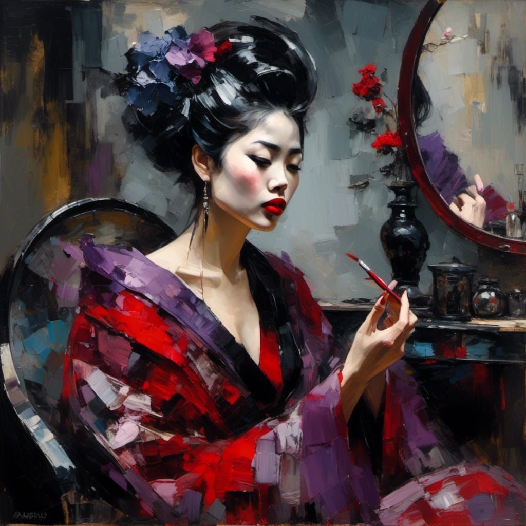 Asian Woman in Silk Robe, Impasto Oil Painting