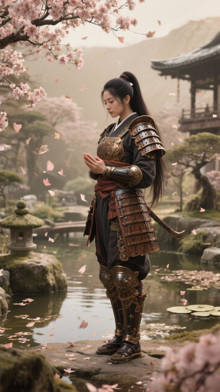 Meditating Samurai Woman in Serene Zen Garden