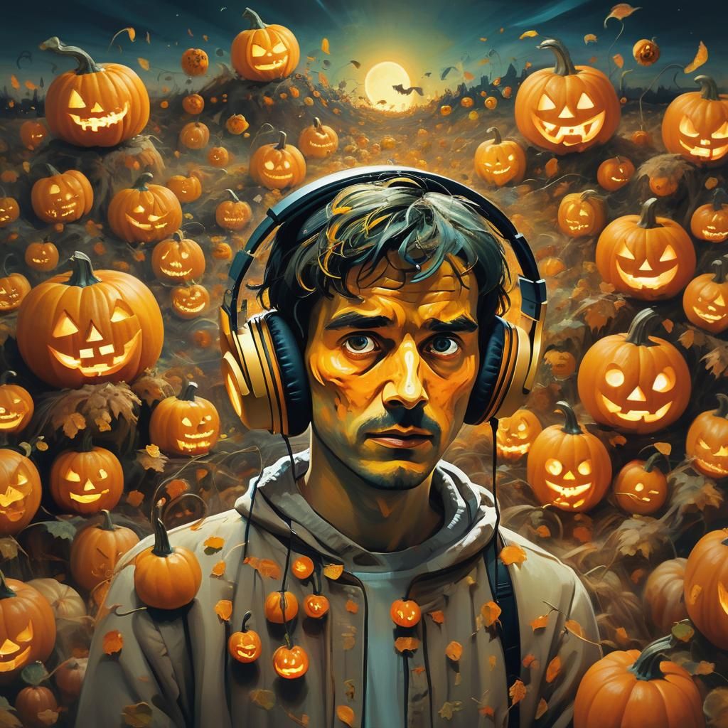 Surreal Portrait: Overwhelmed in a Pumpkin World