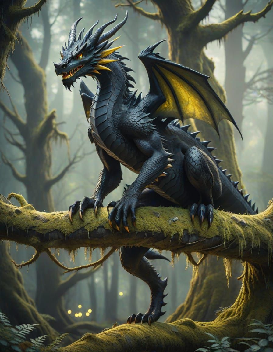Black Dragon Creature on Mossy Branch in Fantasy Forest