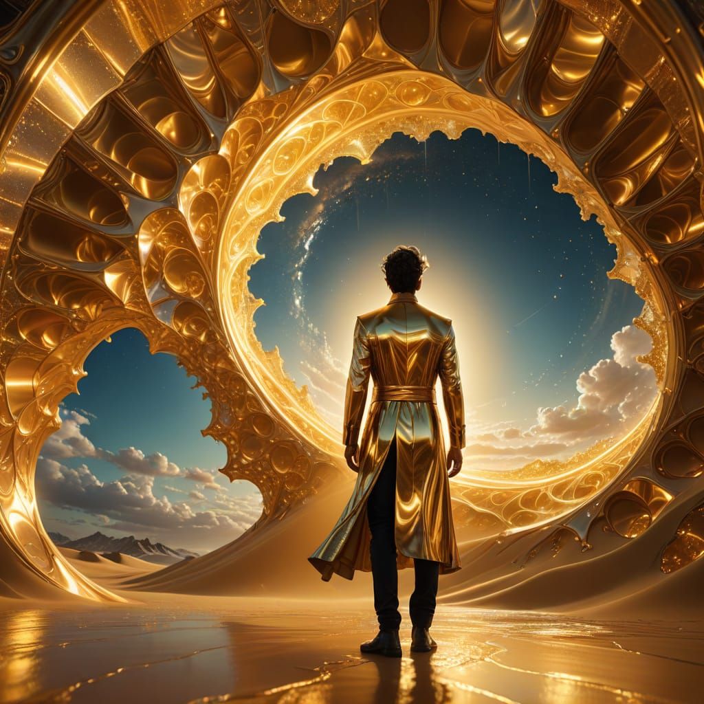 Golden Fractal Wave Architecture in Vibrant Oil Painting Sty...