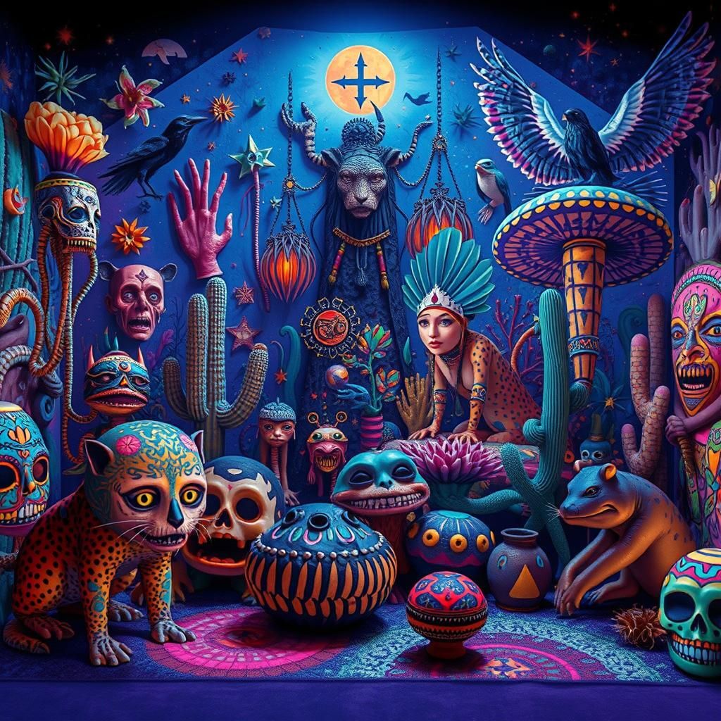 Fluorescent Nightclub Diorama with Mexican Folk Art