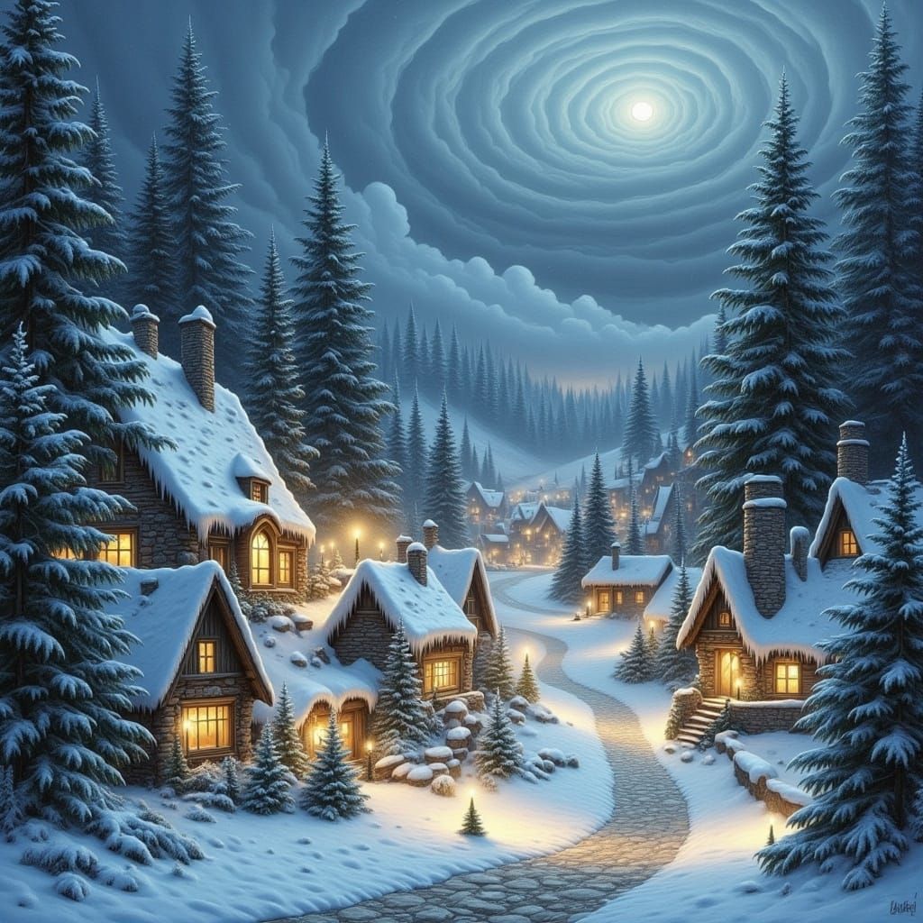 Snowy Village in Misty Valley with Twinkling Lights