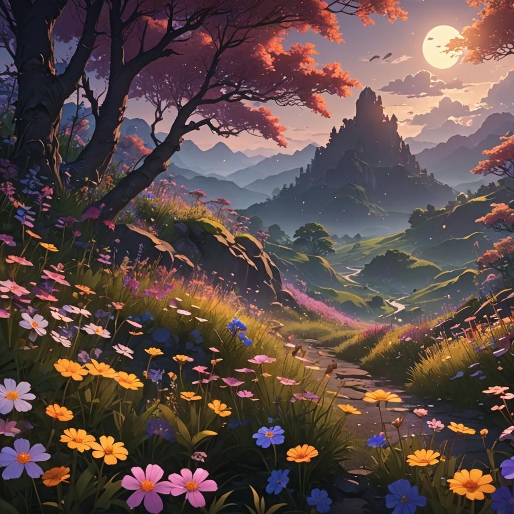 Twilight Valley of Flowers in Dark Fantasy 3D