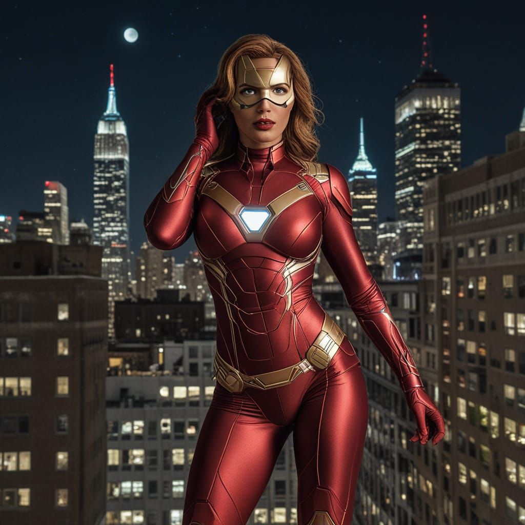 Woman in Iron Man Costume Over New York at Night