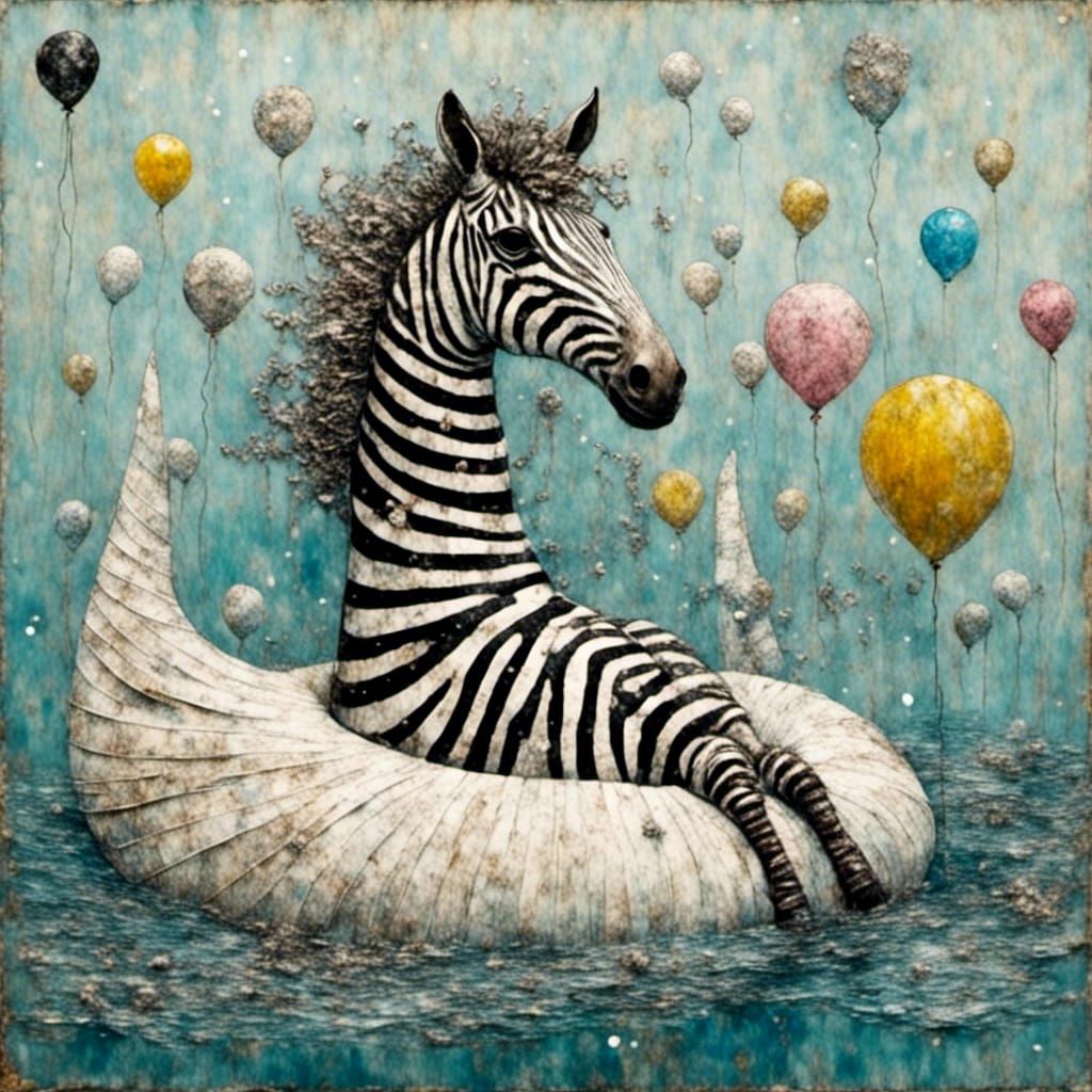 Zebra on Swan Float: Whimsical Mixed Media Collage