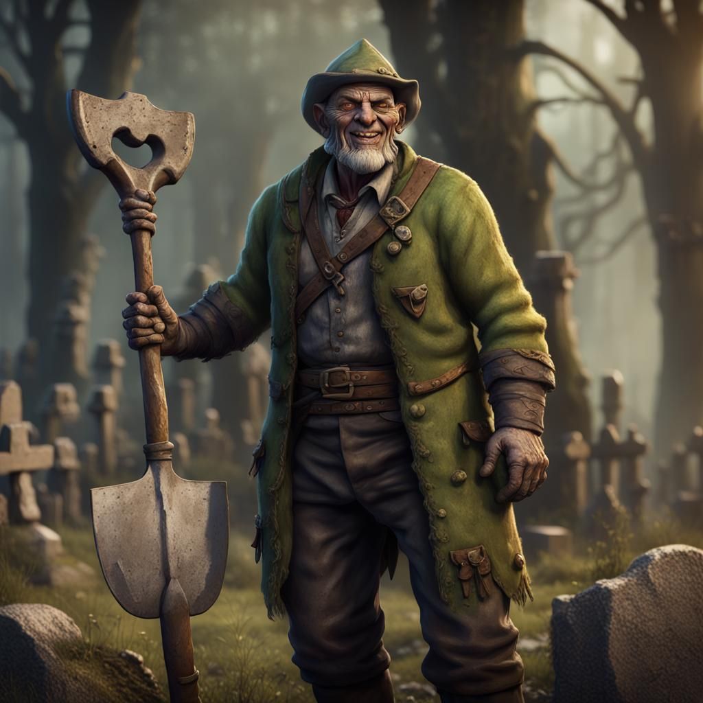 Elderly Half-Orc Grave Digger with Welcoming Smile