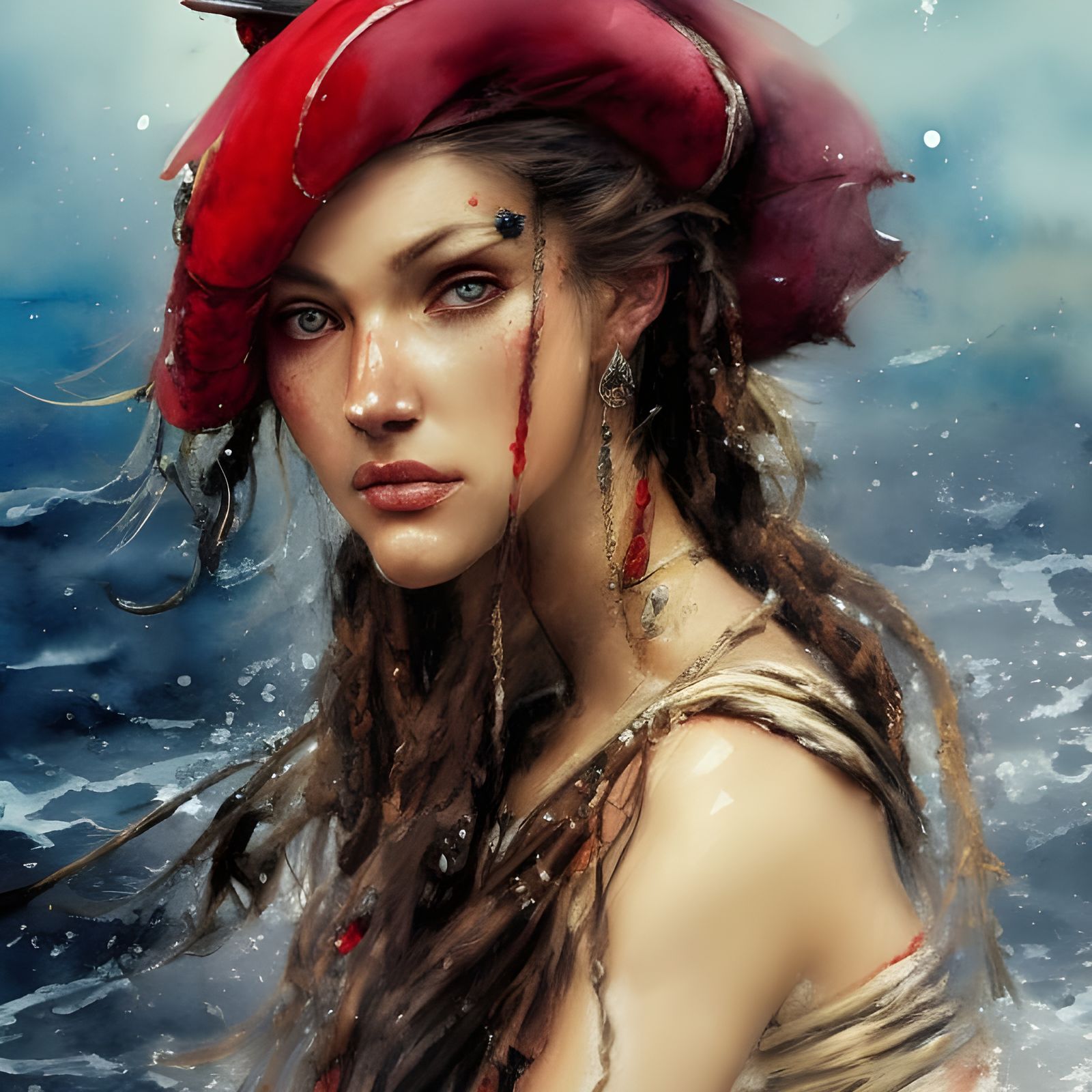 Female Pirate Captain Portrait in Watercolor Style