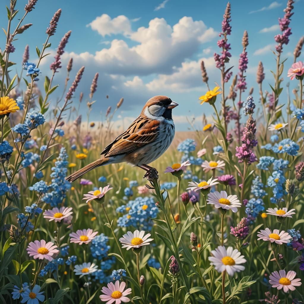 Sparrow in Dreamlike Flower Field, Detailed Matte Painting