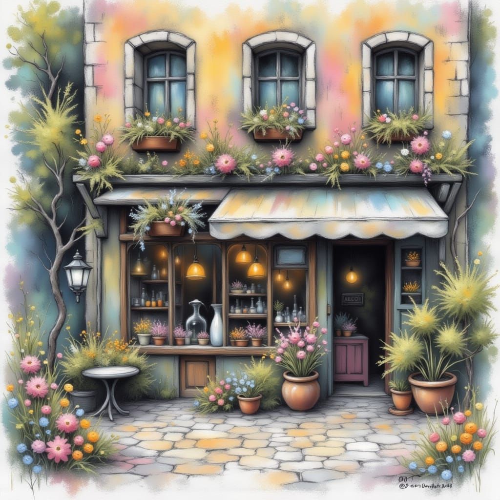 Charming Shops in Watercolor Dry Brush Style