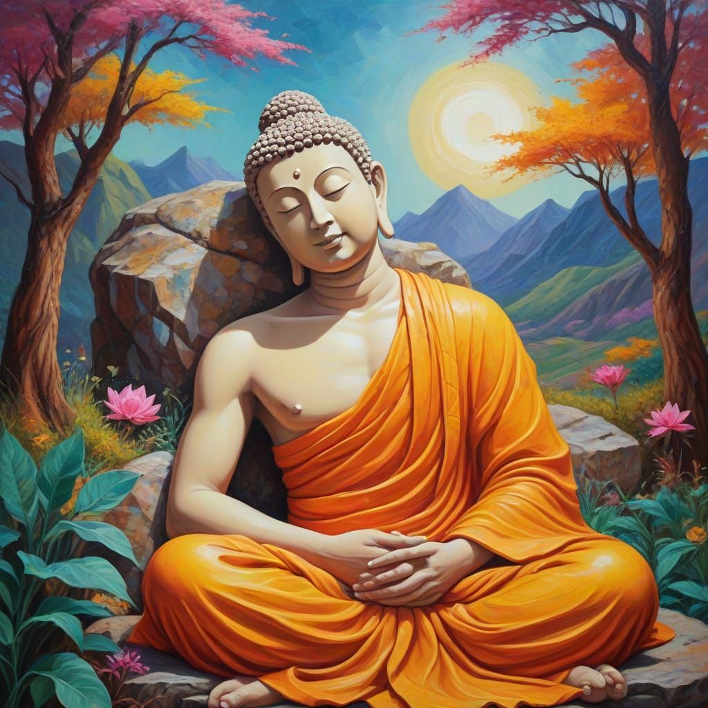 Serene Buddha in Vibrant Neo-Impressionist Landscape