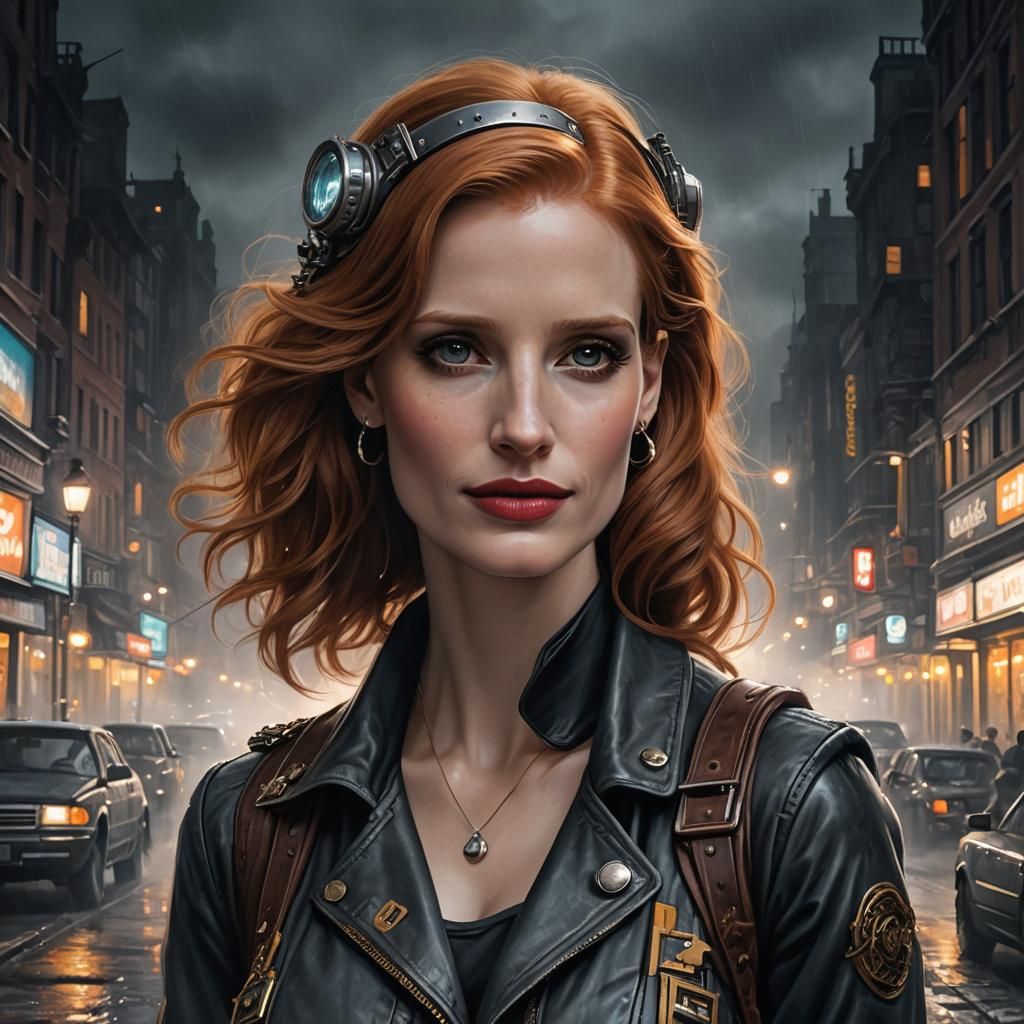 Dieselpunk Character in Foggy Night Street Scene