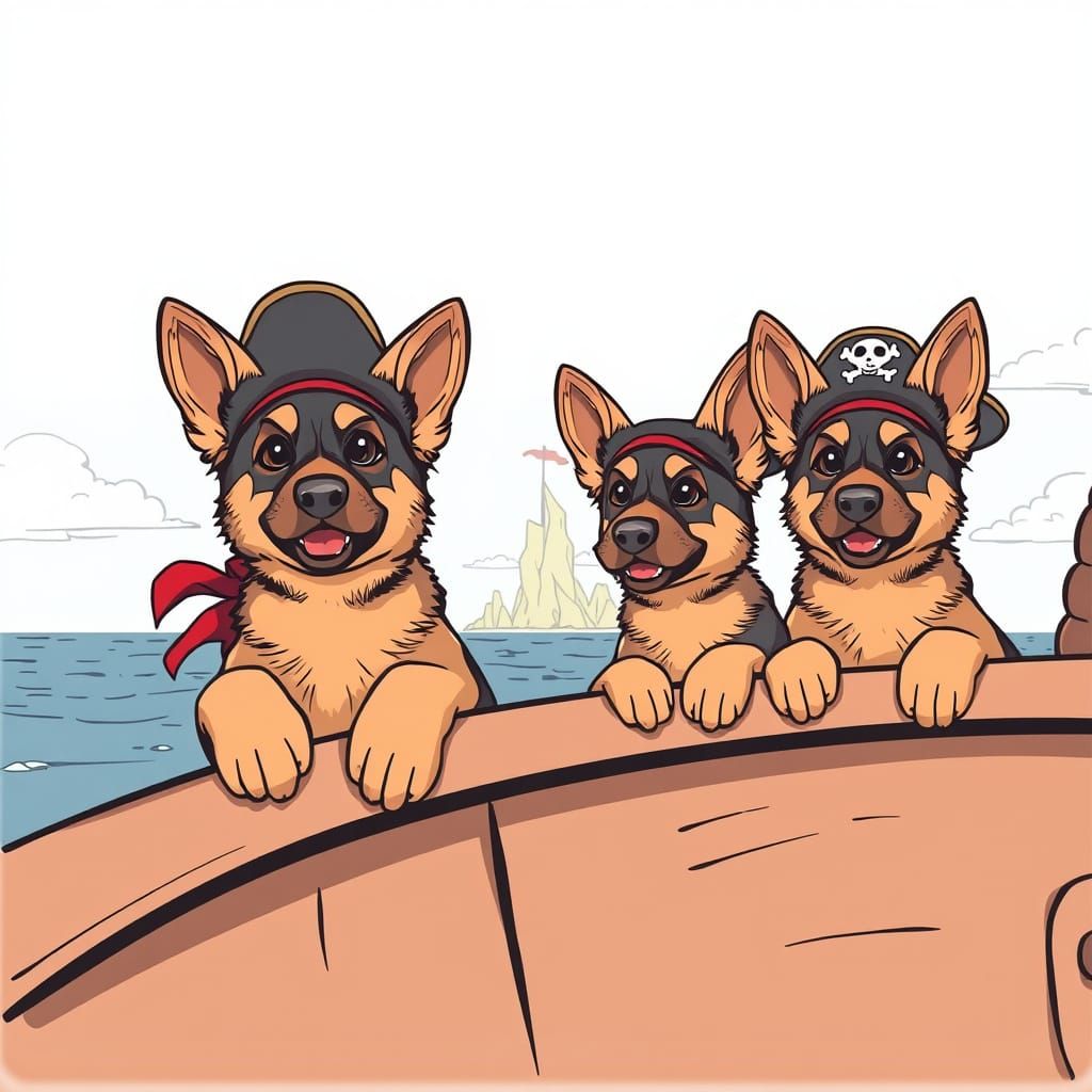 Picture a team of German Shepherd puppies, dressed as pirates, peering over the edge of a ship, their eyes gleaming with...