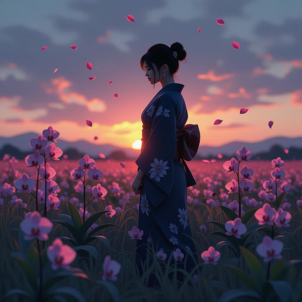 Yakuza Woman in Orchid Field at Twilight
