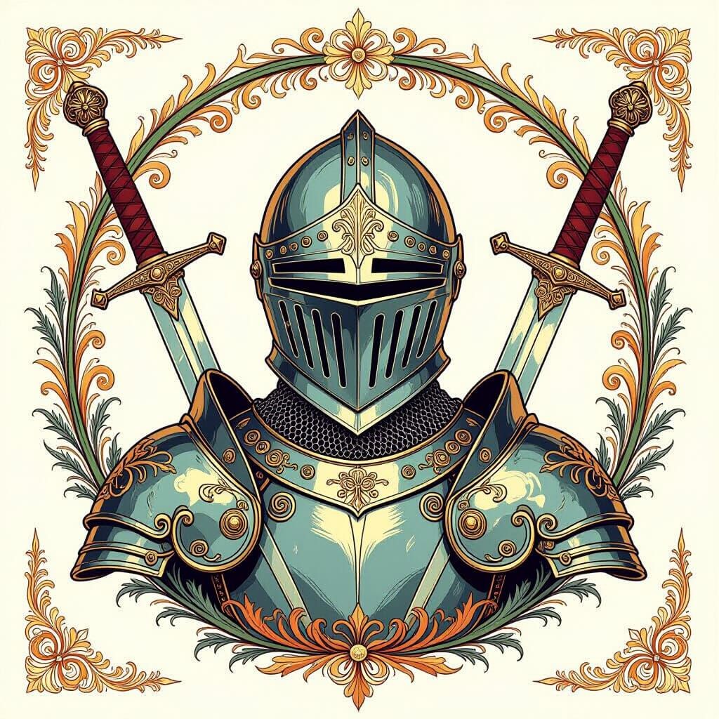 Knight's Helmet and Swords in Ornate Watercolor Style
