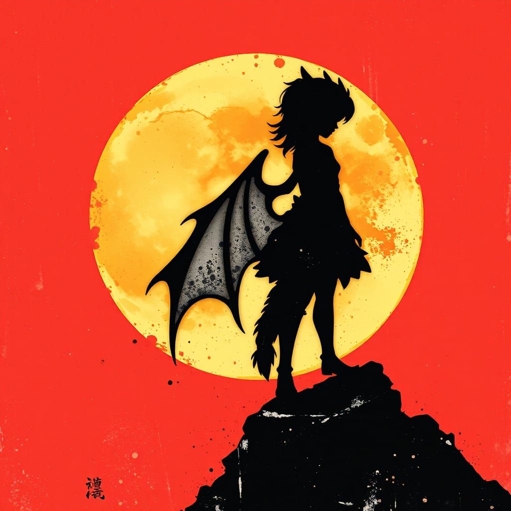 Dragon-Girl Silhouette in Ink Splatter Art