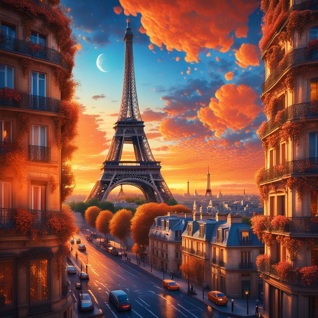 Paris Eiffel Tower Sunset: Vibrant Oil Painting