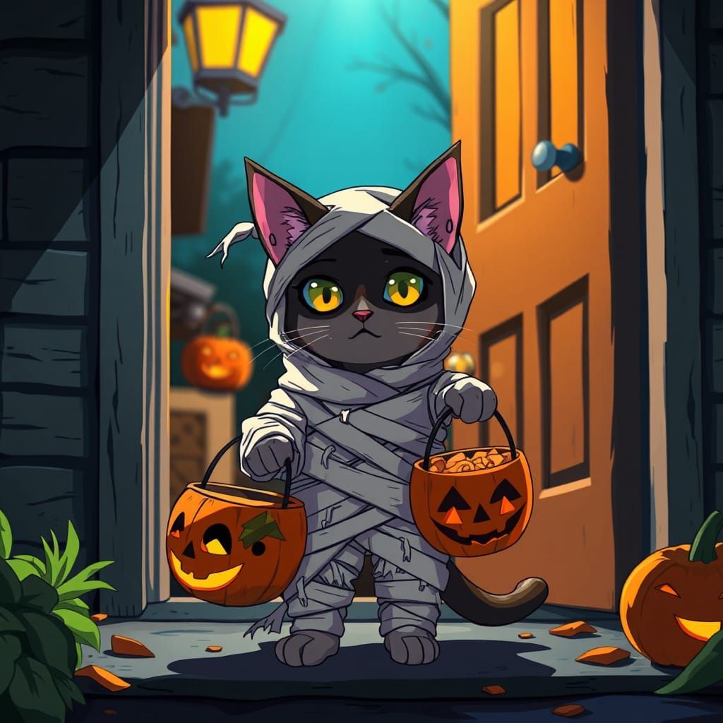 Siamese Cat Mummy Ready for Trick-or-Treat, Anime Style