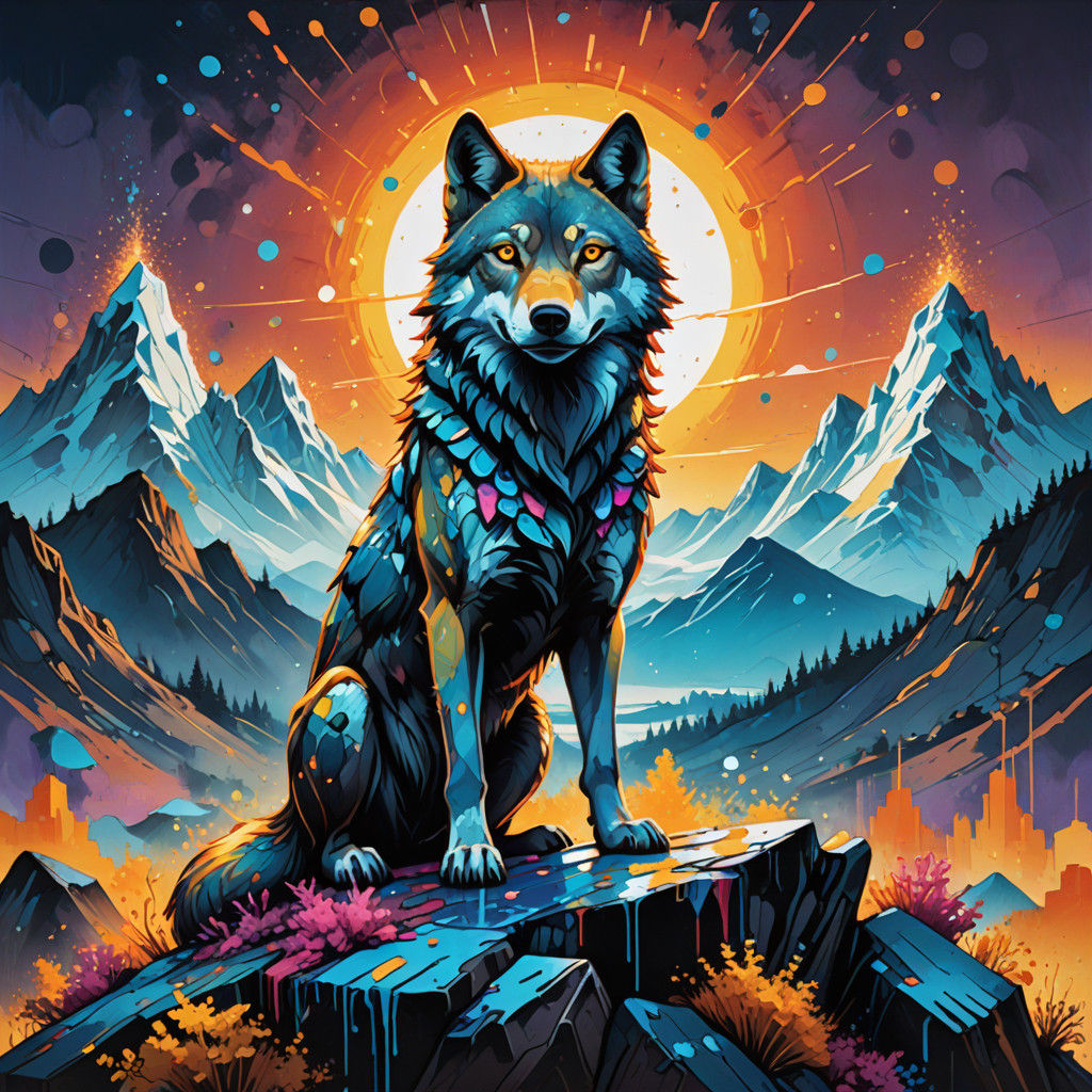 Vibrant Urban Wolf Amidst Sparkling Crystal Peaks