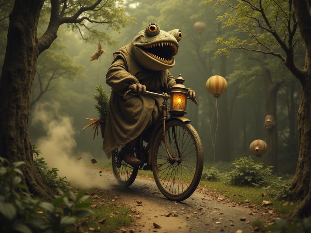 Frog Fae Rides Steam Bike in Creepy Forest