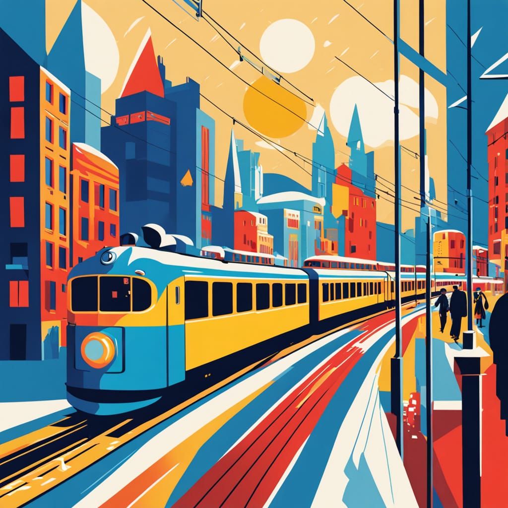 1930s Train in Snowy City Pop Art Style