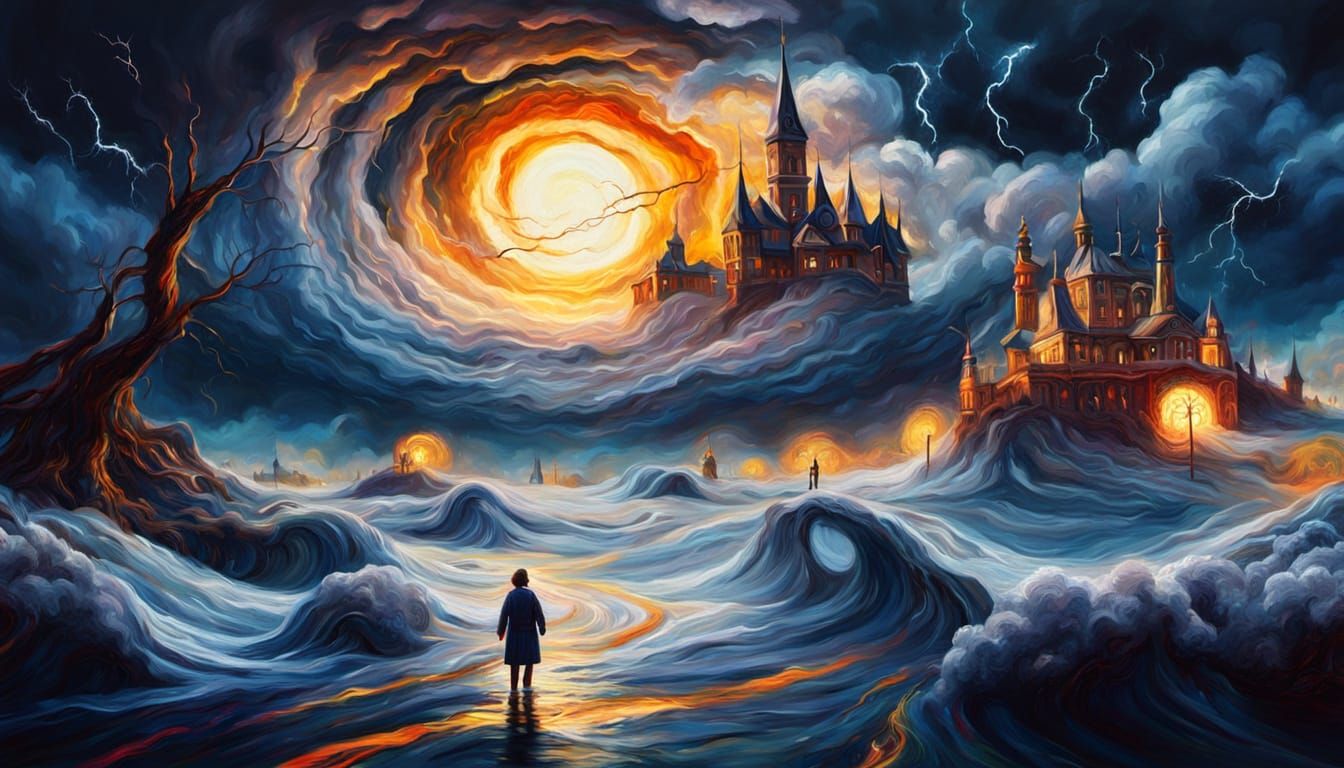 Surreal Yarn Landscape in Expressionist Oil Painting