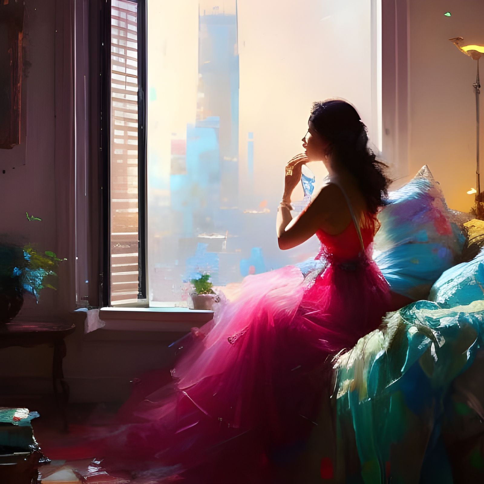 Woman Waking Up in Loft Apartment as Rococo Art