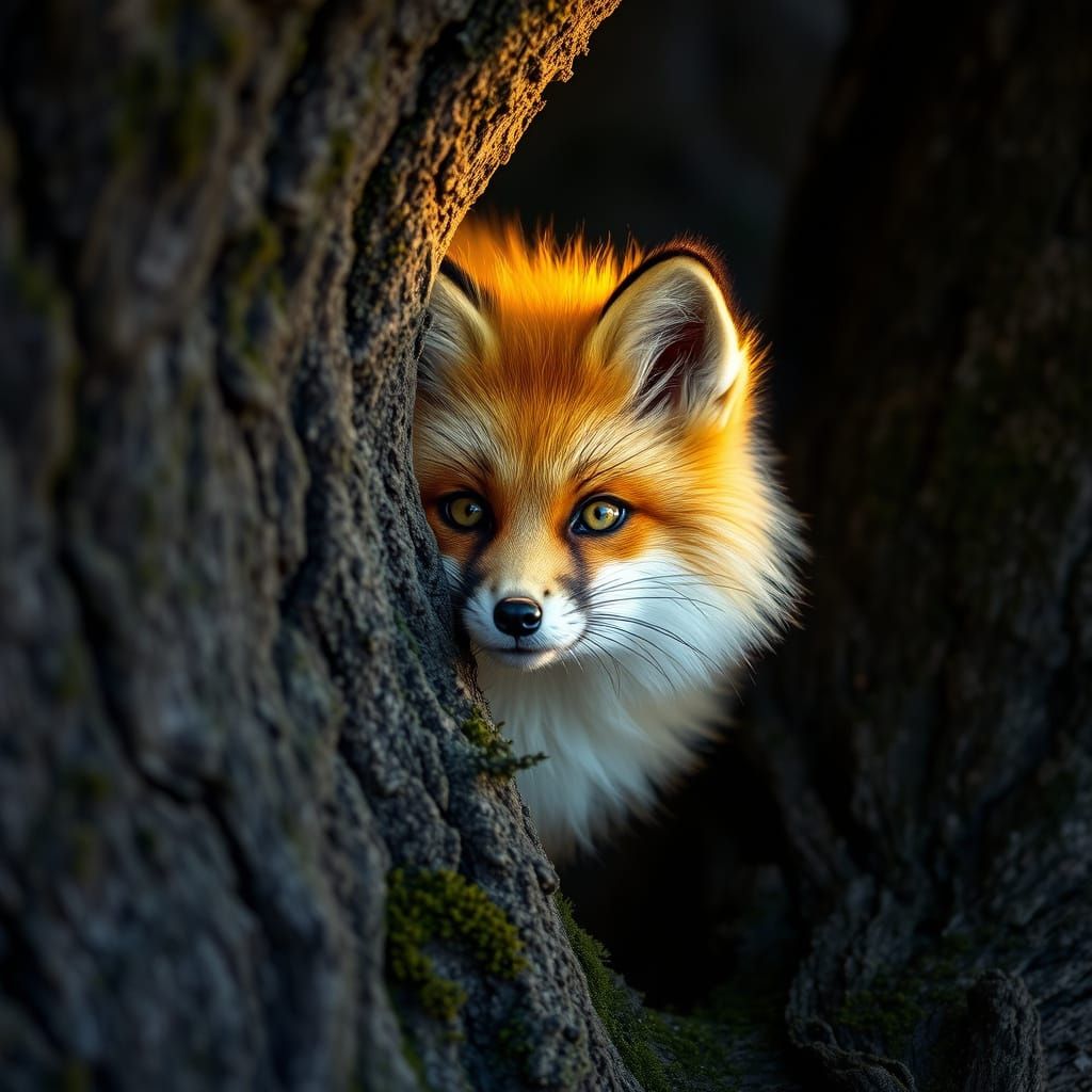 Fox Peeks from Behind Ancient Tree in Wildlife Style