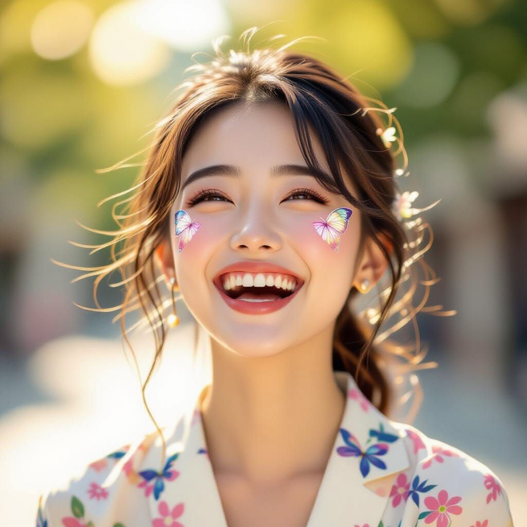 Joyful Japanese Woman Laughing in Golden Hour Glow