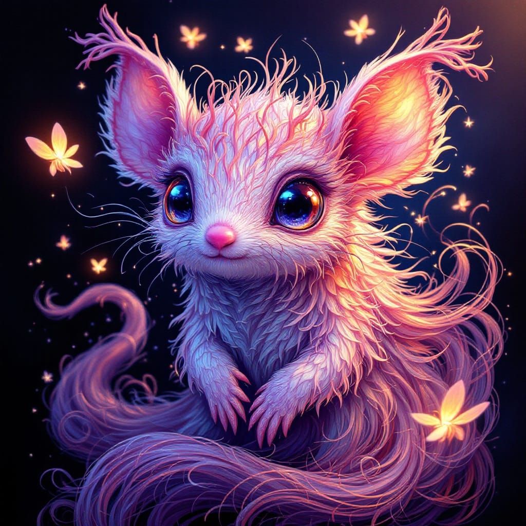 Vibrant Fantastical Creature with Glowing Fireflies