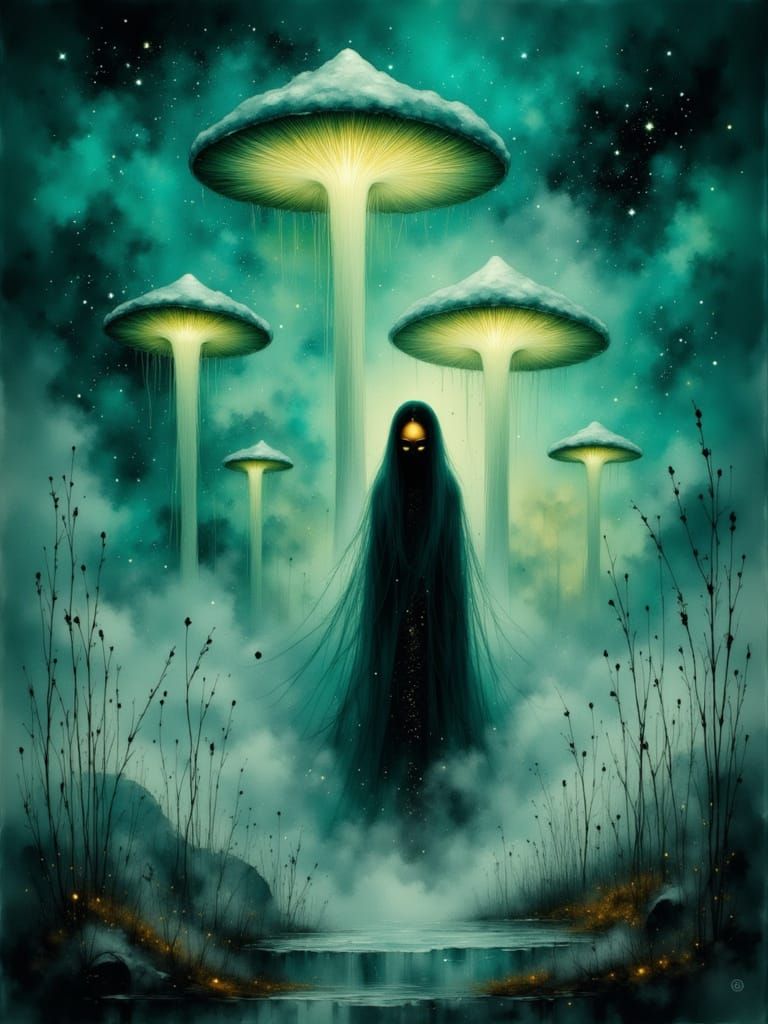 Ethereal Figure Emerges from Shrouded Mist in Celestial Land...