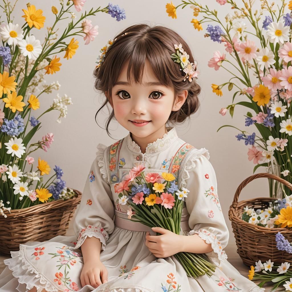 Adorable Anime Girl with Spring Flowers