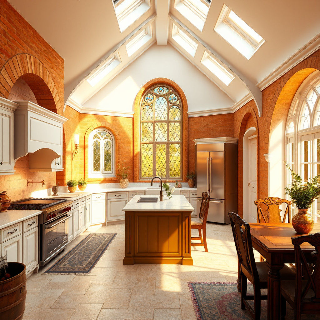 Fantasy Tudor Kitchen with Golden Light and Stone