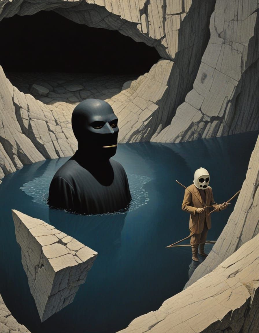 Surreal Cave Exploration in Abstract Dada Collage