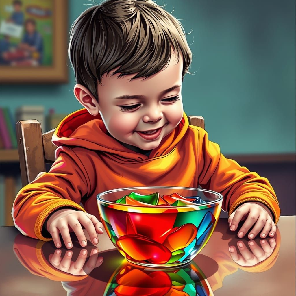 Child Stares at Jello in Comic Book Style