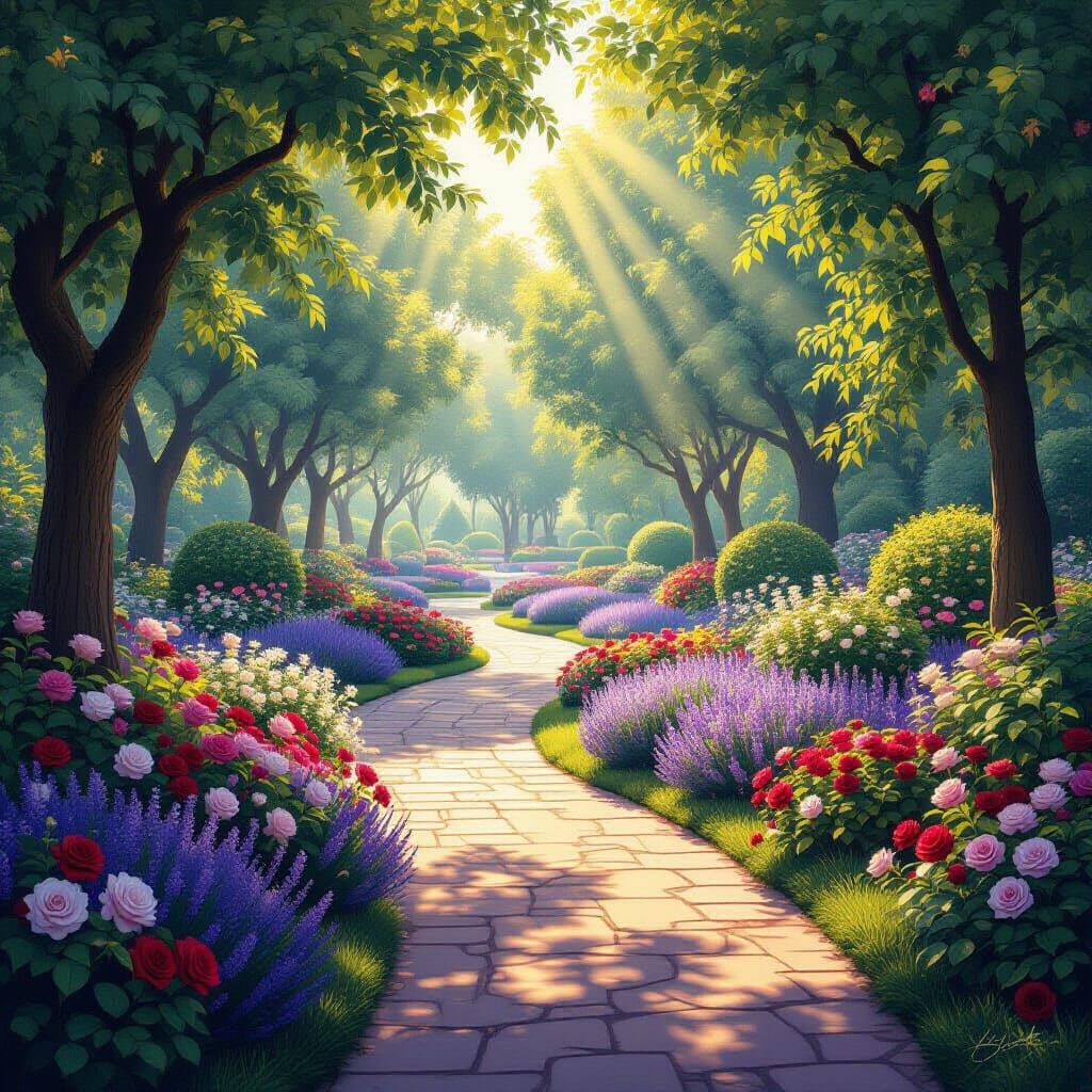 Hyperrealistic Park with God Rays in Digital Painting Style