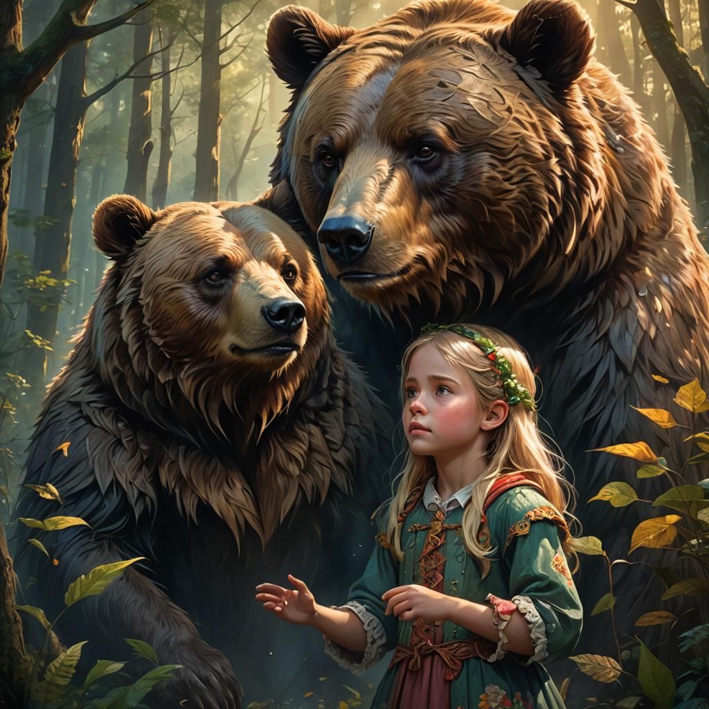Enchanted Forest: Bear and Girl in Hyperrealistic Splash Art