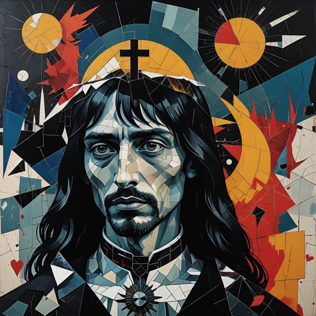 Goth Jesus Collage with Flaming Heart, Photogram Style