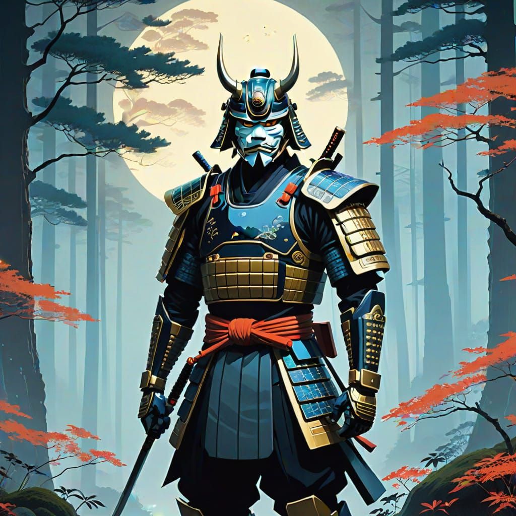 Samurai Warrior in Elegant, Futuristic Japanese Mask