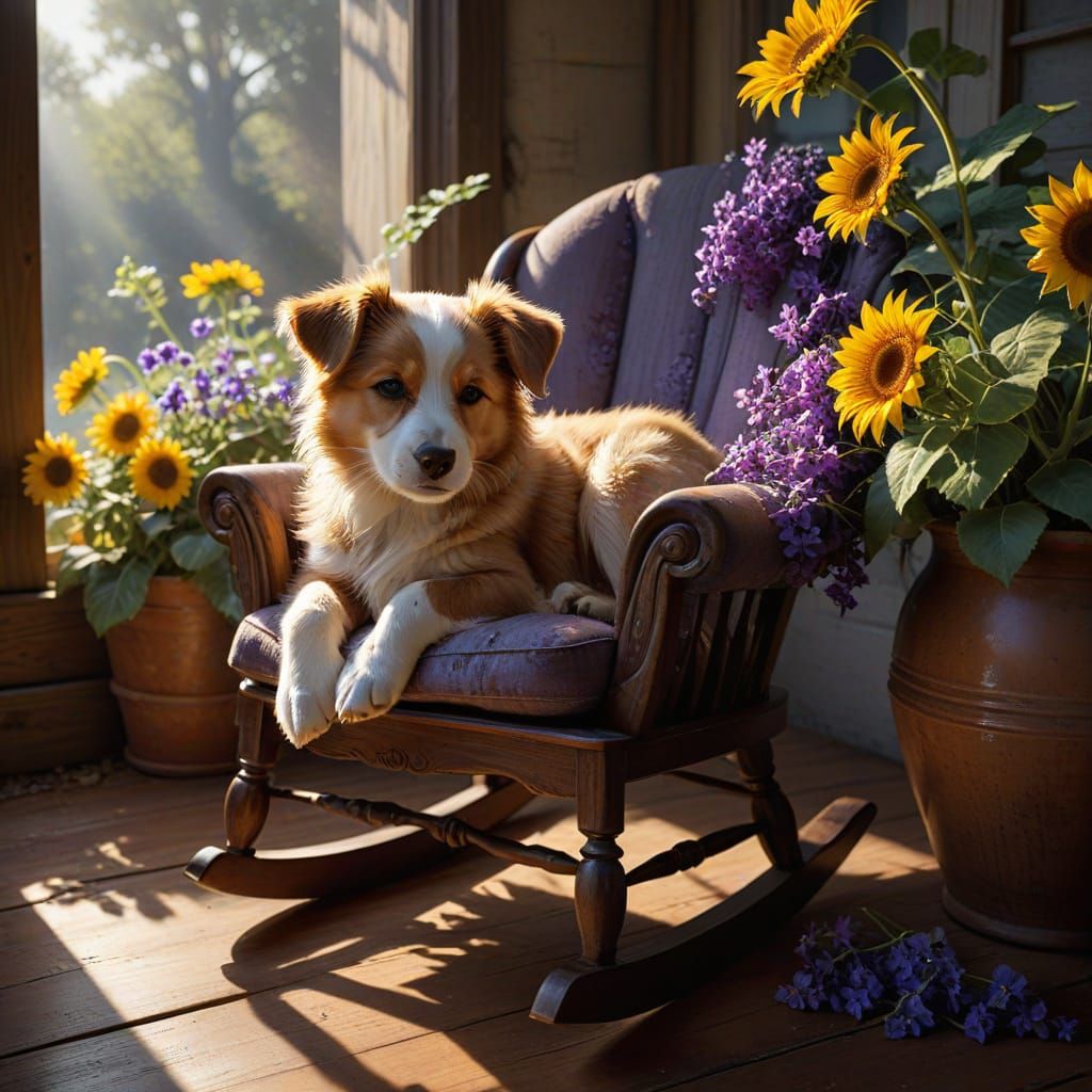 Sleepy Puppy in Rocking Chair, Fine Art Oil Painting