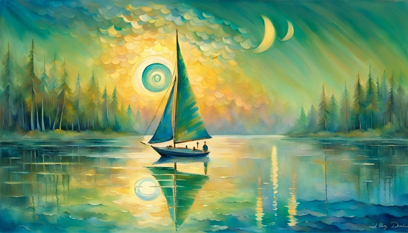 Golden Sailboat on Shimmering Lake: Dreamlike Digital Art