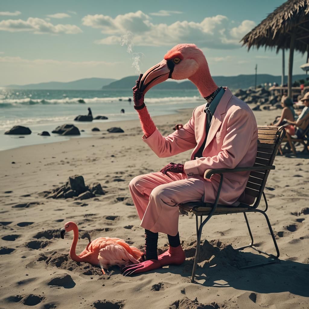 Humanoid Flamingo Smokes at the Beach