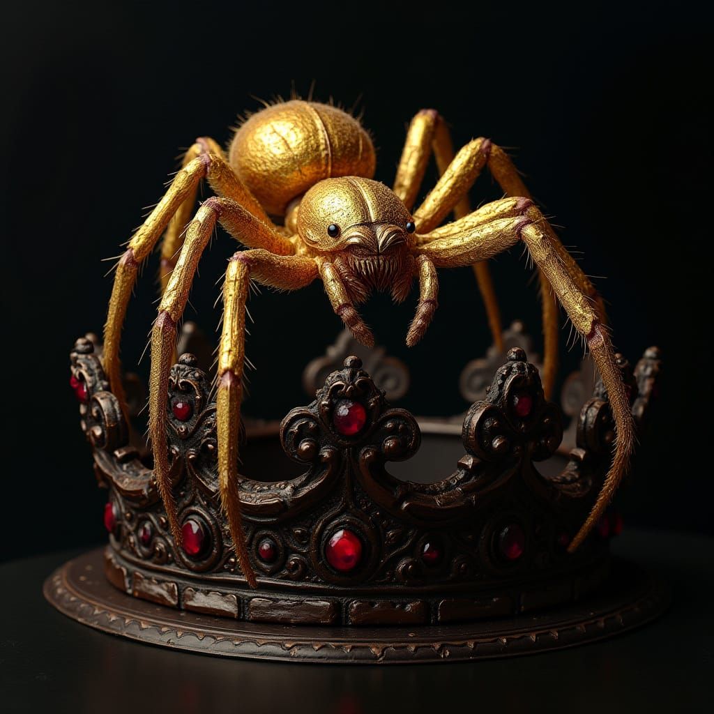 Golden Spider on Obsidian Crown in Surrealist Style